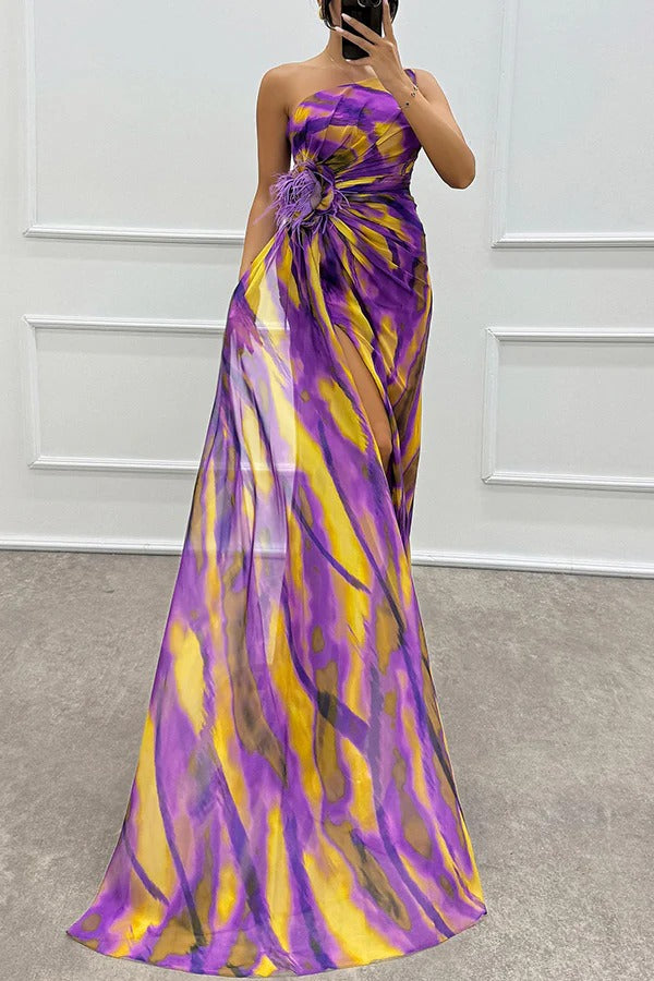 Priya - Off Shoulder Pleated Slit Maxi Dress
