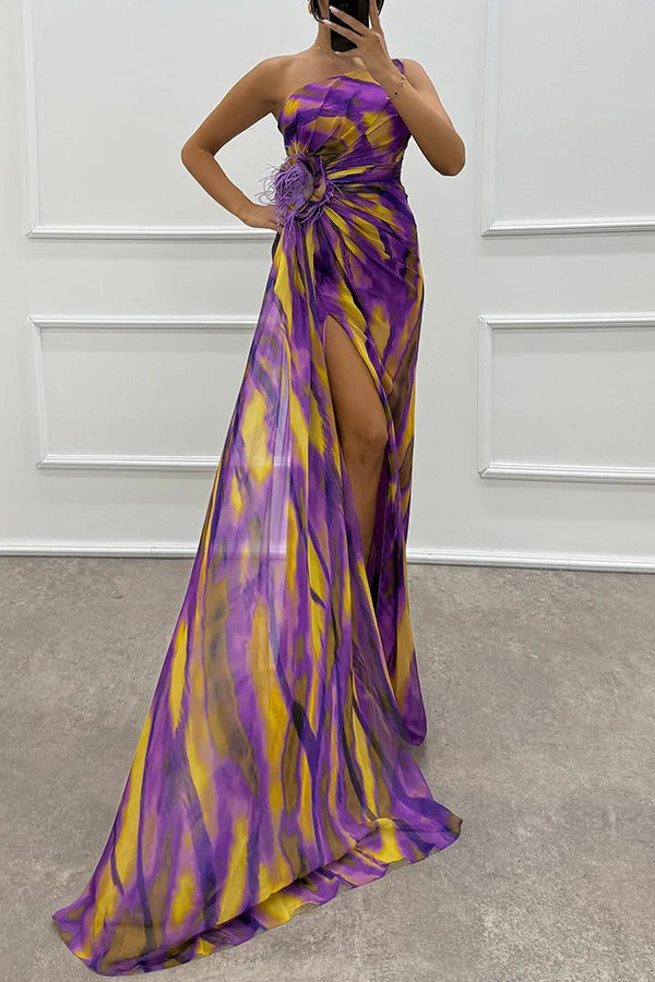 Priya - Off Shoulder Pleated Slit Maxi Dress