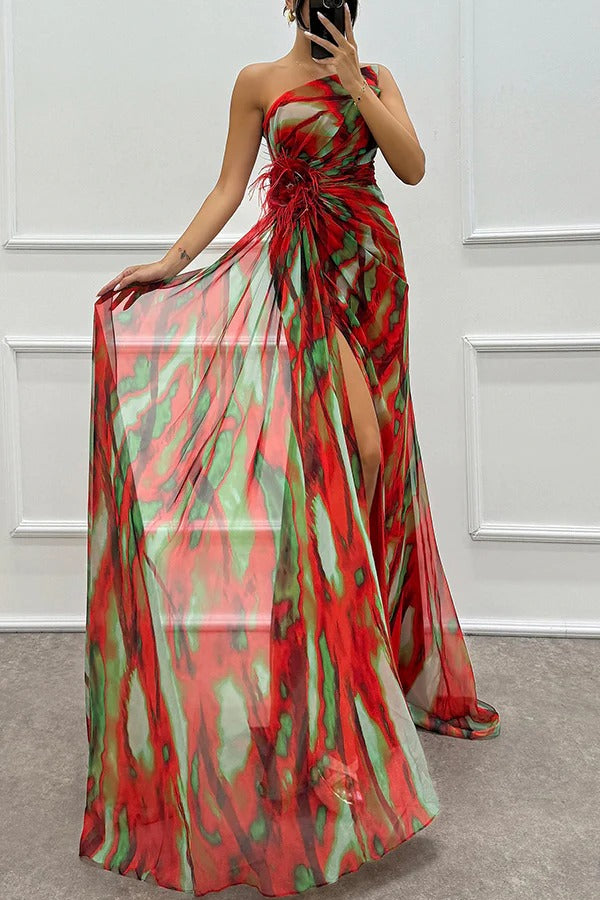 Priya - Off Shoulder Pleated Slit Maxi Dress