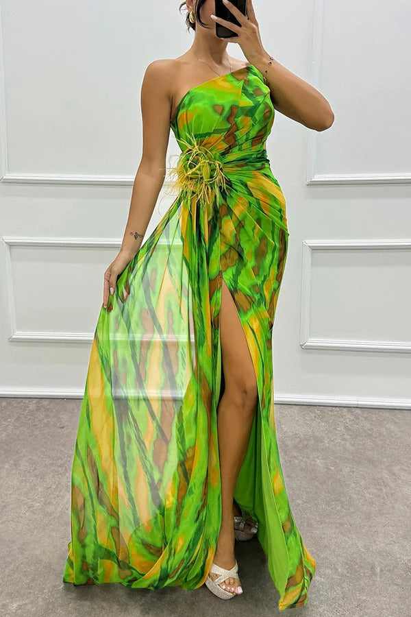 Priya - Off Shoulder Pleated Slit Maxi Dress