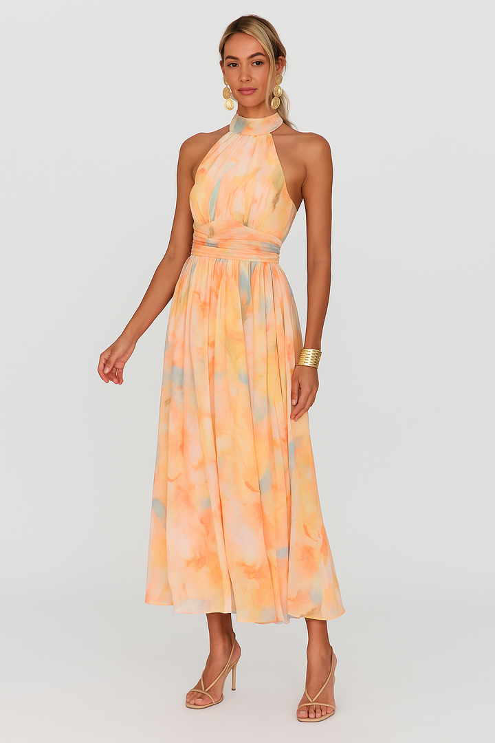 Halter - Neck Watercolor Print Maxi Dress
