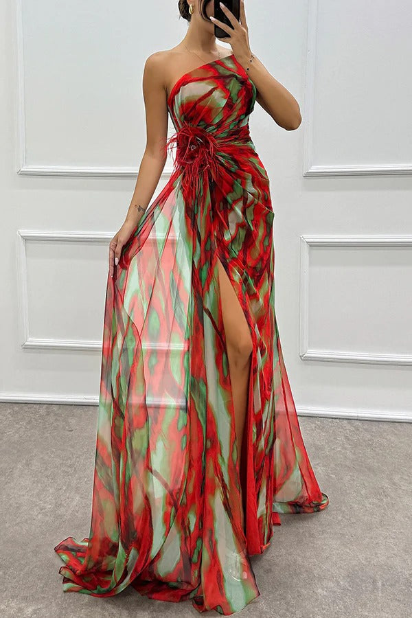 Priya - Off Shoulder Pleated Slit Maxi Dress