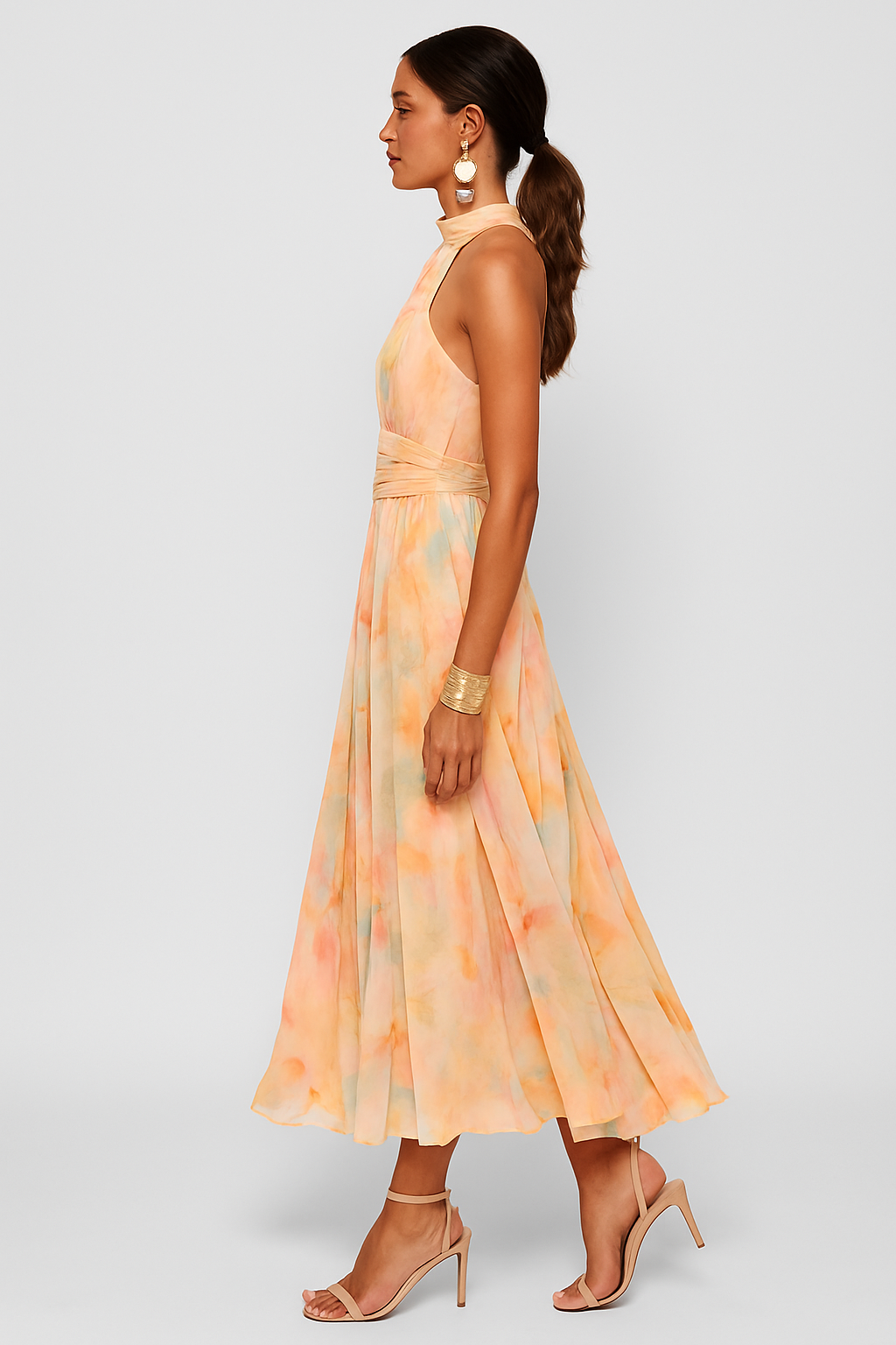 Halter - Neck Watercolor Print Maxi Dress