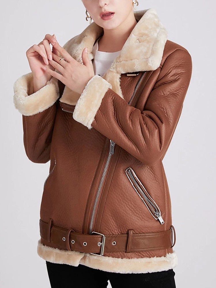 Lily - Thick Faux Leather Shearling Coat