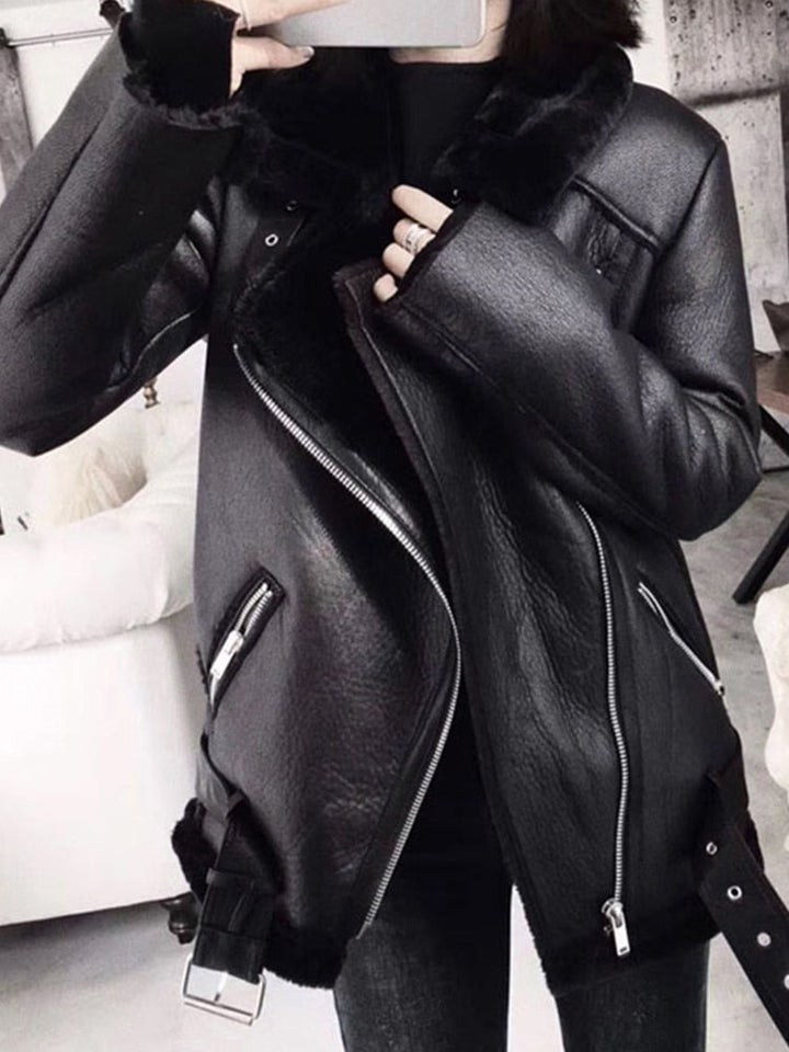 Lily - Thick Faux Leather Shearling Coat