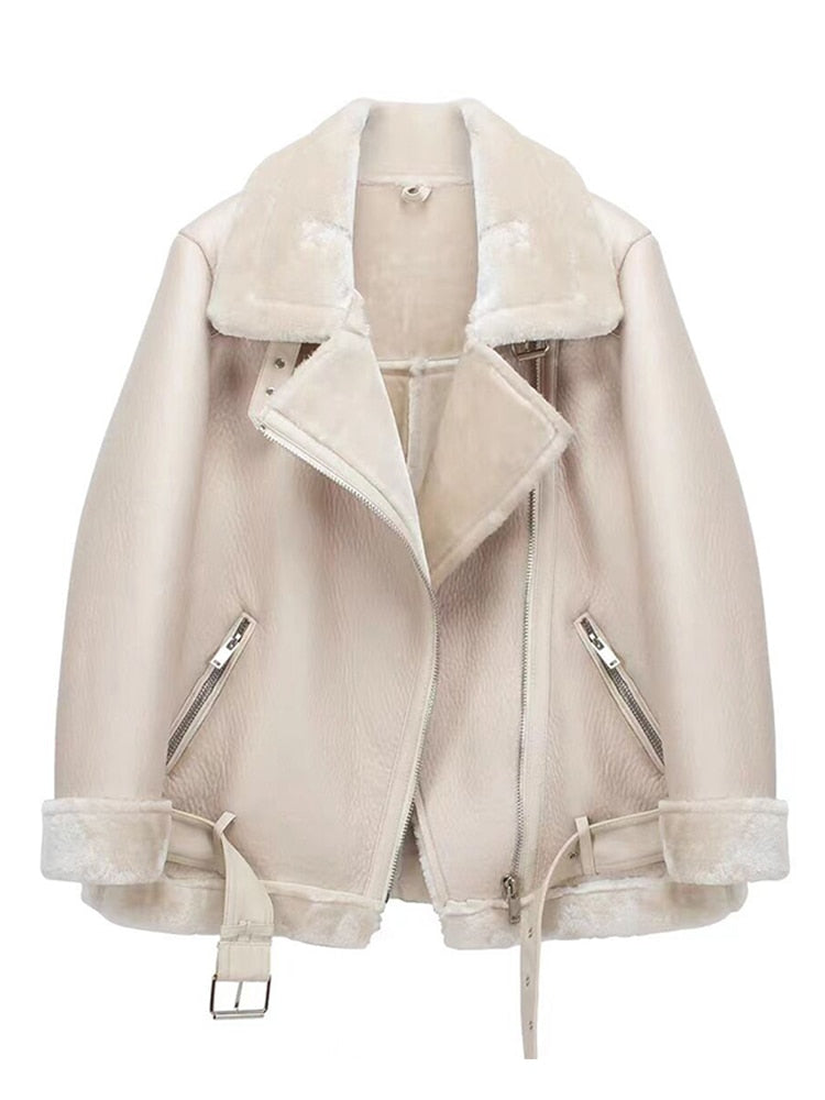 Lily - Thick Faux Leather Shearling Coat