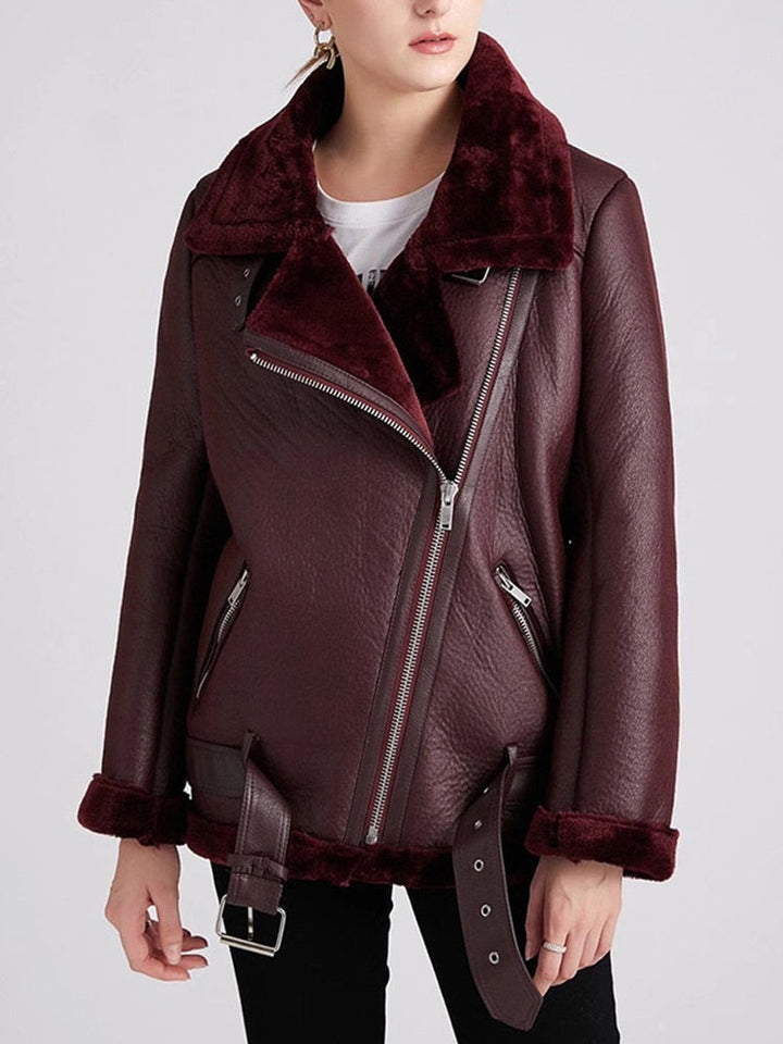 Lily - Thick Faux Leather Shearling Coat