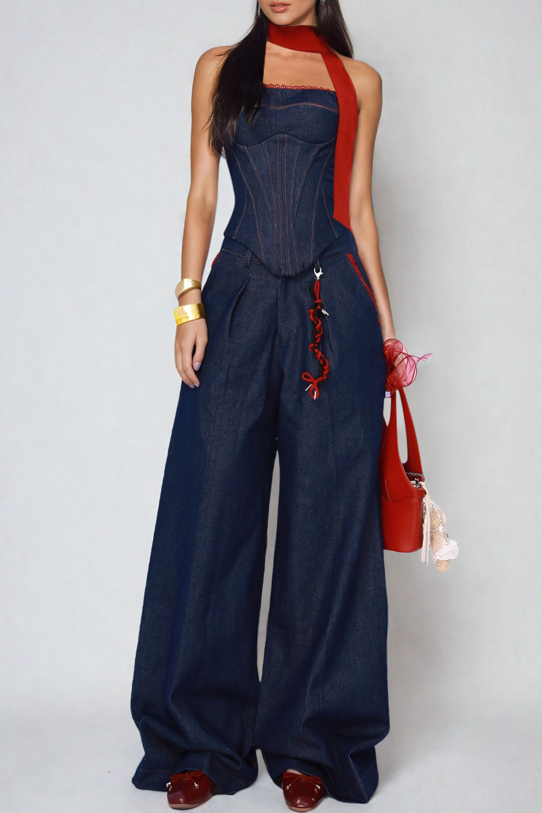 Maisie - Strapless Lace-Up Denim Set