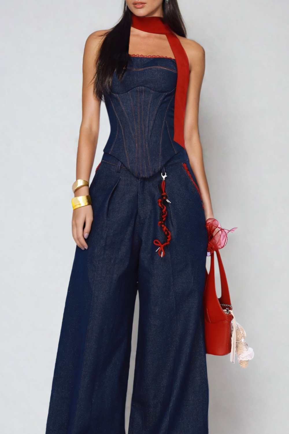 Maisie - Strapless Lace-Up Denim Set