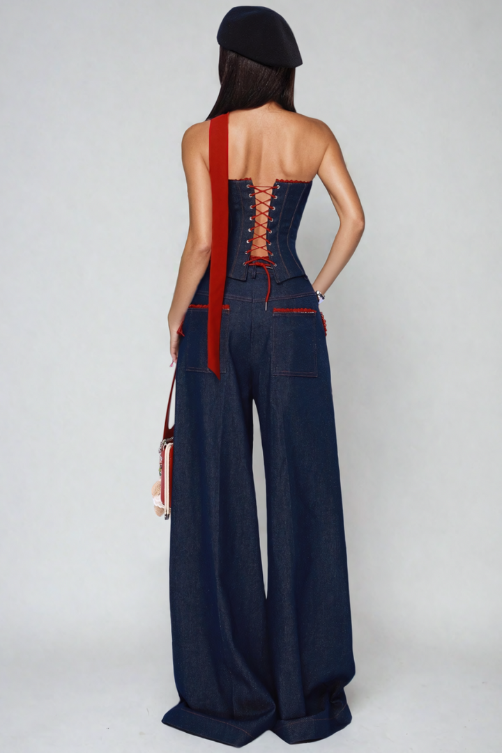 Maisie - Strapless Lace-Up Denim Set