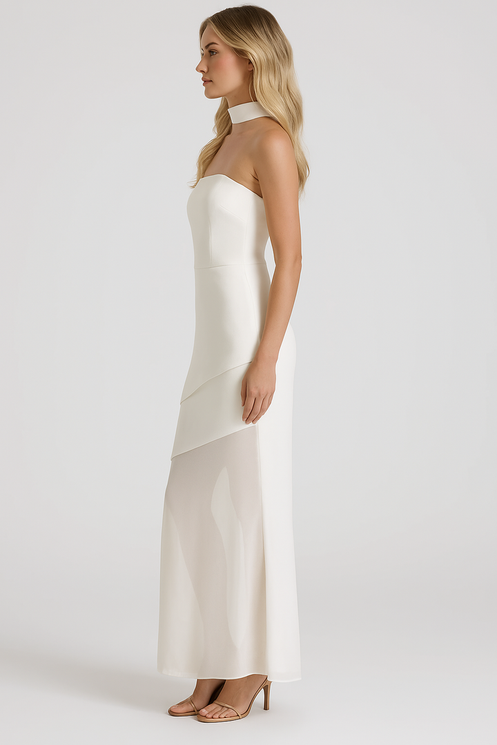 Ariadne - Strapless Patchwork Mesh Asymmetrical Maxi Dress