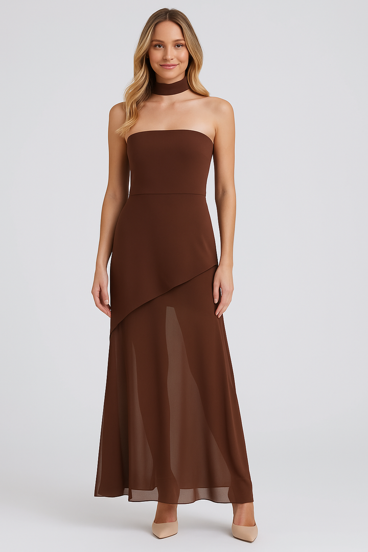 Ariadne - Strapless Patchwork Mesh Asymmetrical Maxi Dress