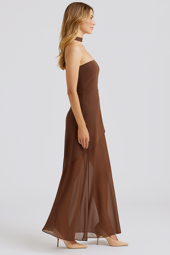 Ariadne - Strapless Patchwork Mesh Asymmetrical Maxi Dress
