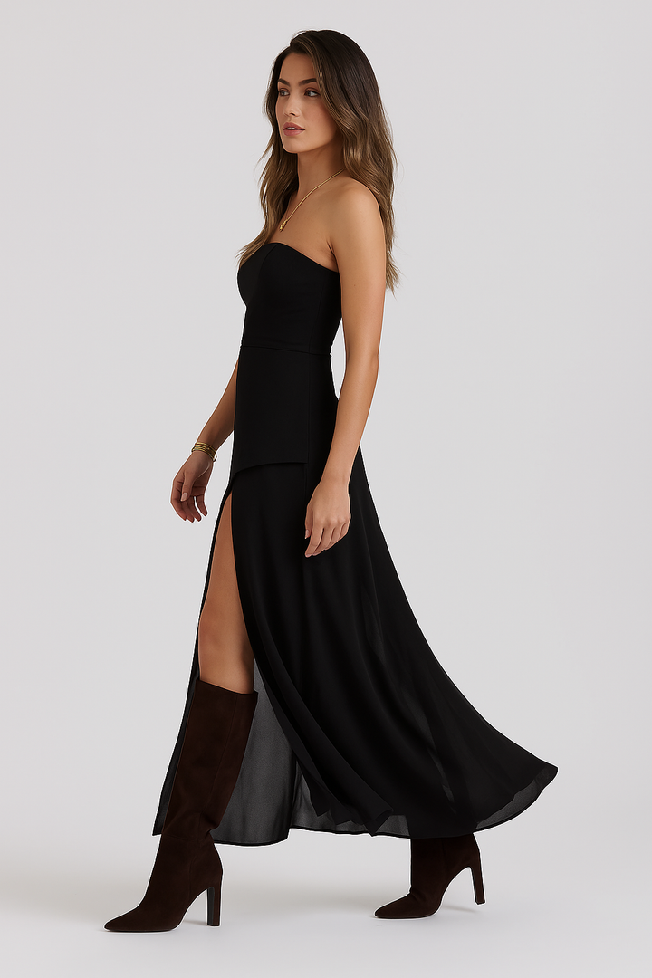 Ariadne - Strapless Patchwork Mesh Asymmetrical Maxi Dress