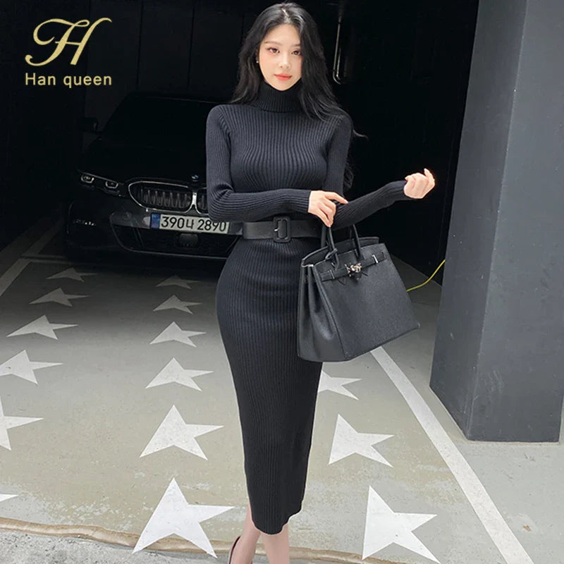 Ava - Elastic Turtleneck Knit Dress