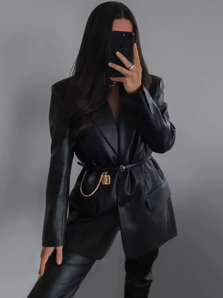 Sarah - Black Leather Notched Coat