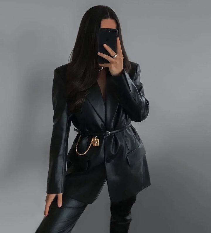 Sarah - Black Leather Notched Coat