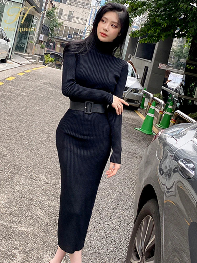 Ava - Elastic Turtleneck Knit Dress