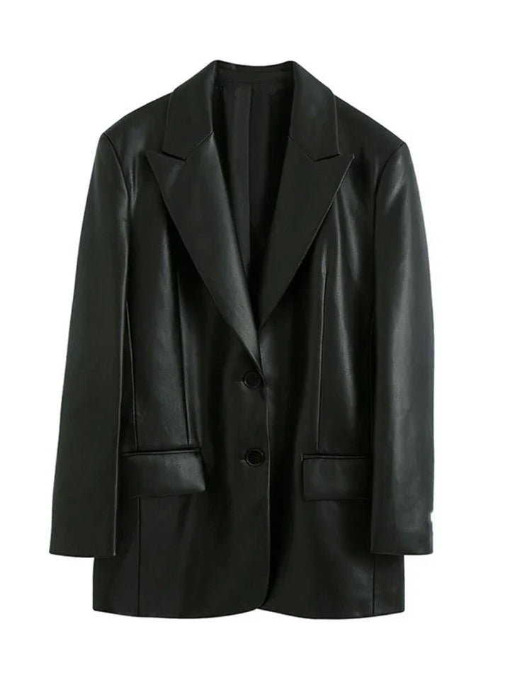 Sarah - Black Leather Notched Coat