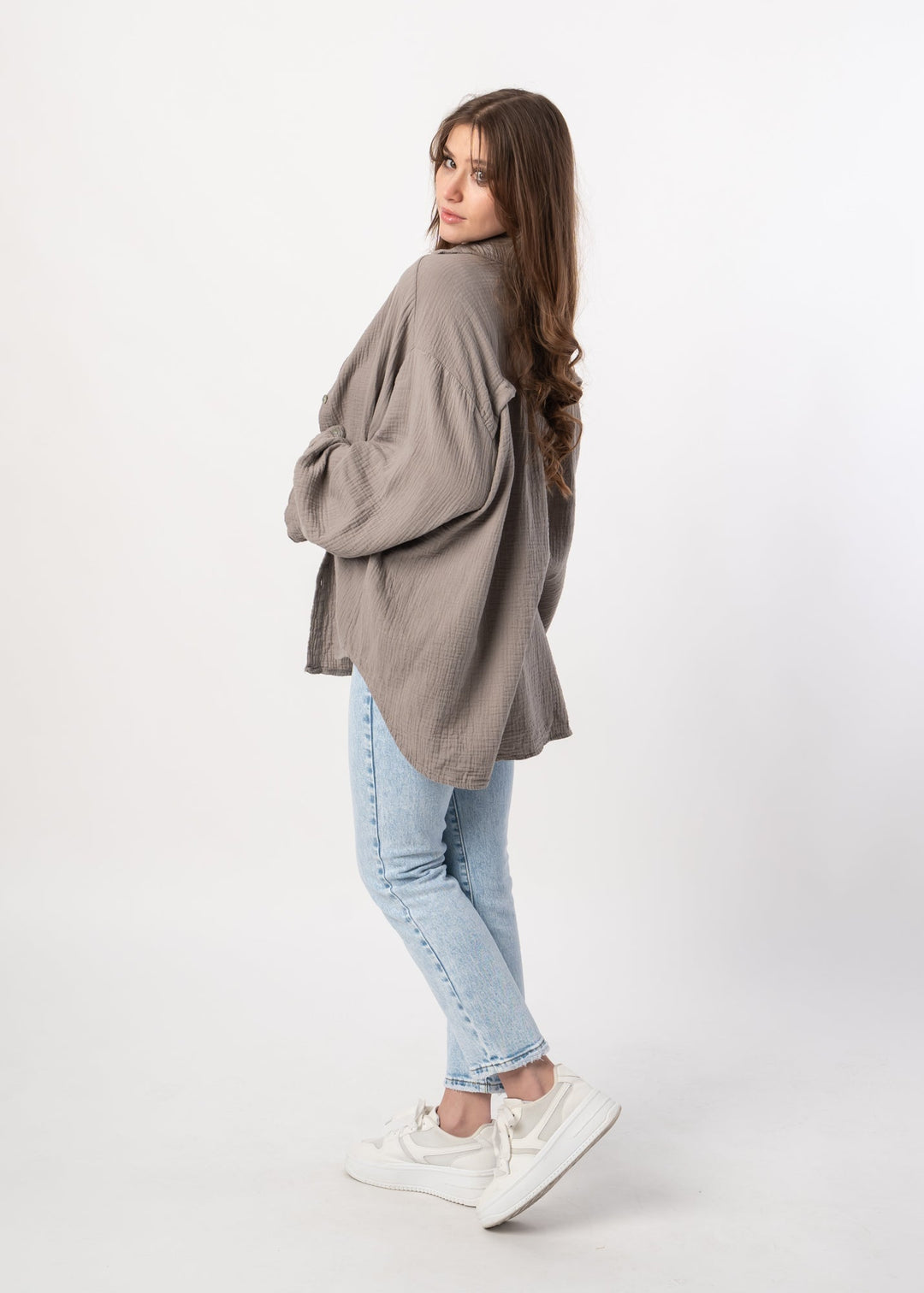 Emily - Women's Taupe Midi Shirt