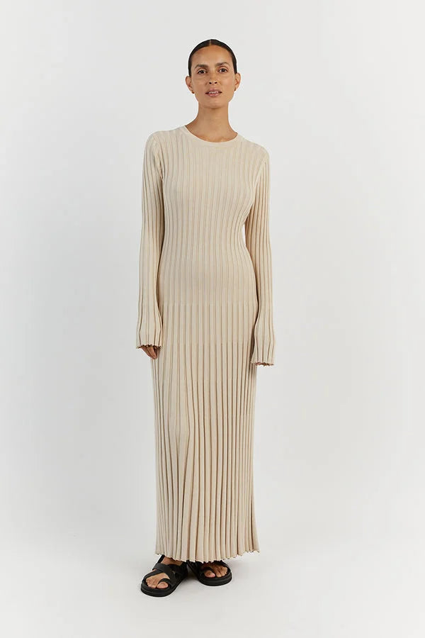 Olivia - Crew Neck Sleeved Knit Midi Dress