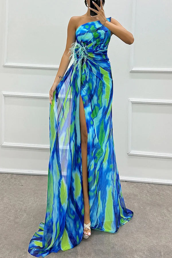 Priya - Off Shoulder Pleated Slit Maxi Dress