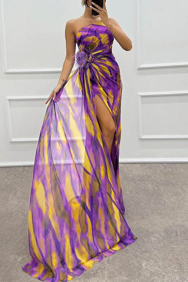Priya - Off Shoulder Pleated Slit Maxi Dress